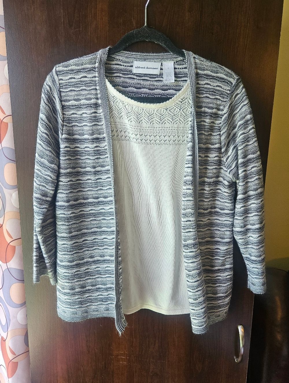 Alfred Dunner Blouse With Built In Gray and White Striped Open Cardigan Size S